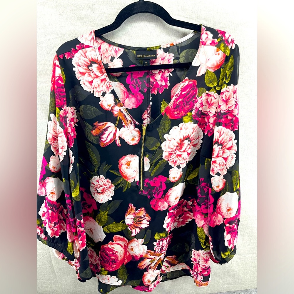 BOLD Elements Long Sleeve Blouse - Floral Print- Zipper Front - Women’s Size 1XL